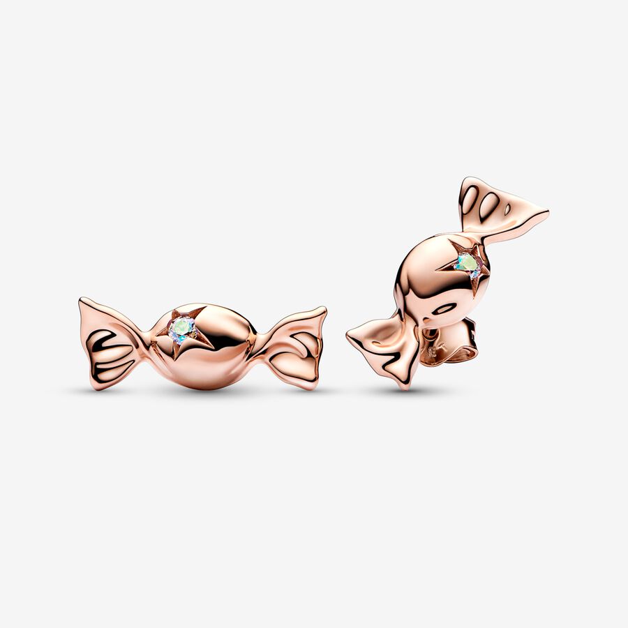 Wrapped candy 14k rose gold-plated stud earrings with aurora borelalis cubic zirconia image number 0