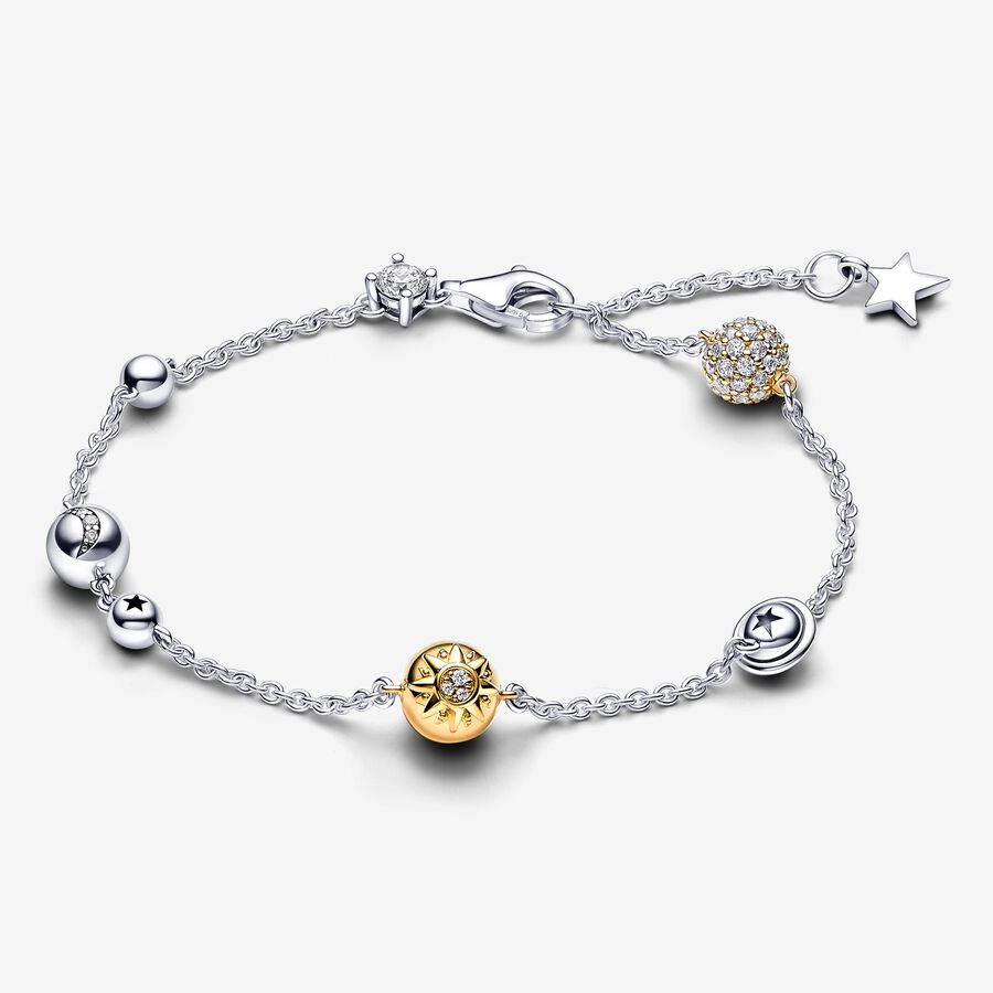 Solar system sterling silver and 14k gold-plated bracelet with stellar blue crystal and clear cubic zirconia image number 0