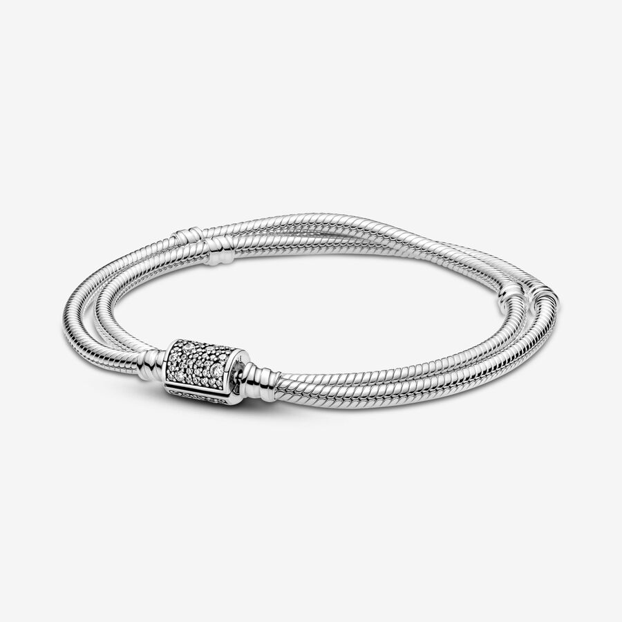 Double snake chain sterling silver bracelet with barrel clasp with clear cubic zirconia image number 0