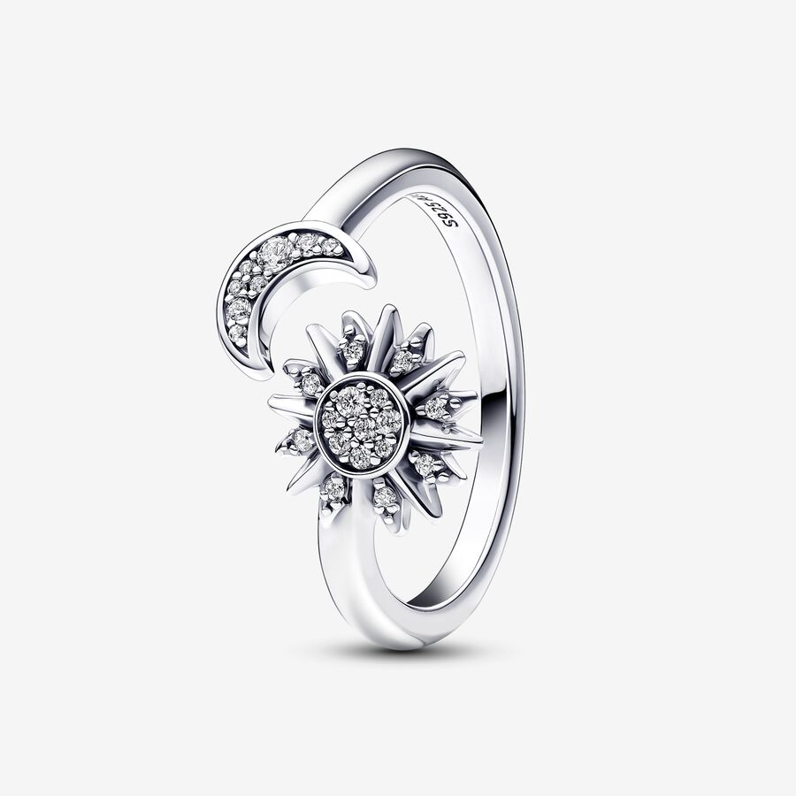 Sun and moon sterling silver open ring with clear cubic zirconia image number 0