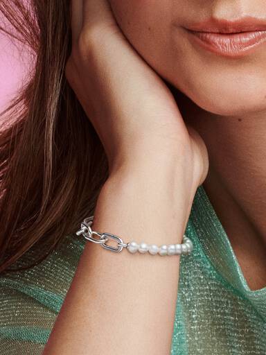 Bracciale maglia link con perle coltivate d’acqua dolce trattate Pandora ME