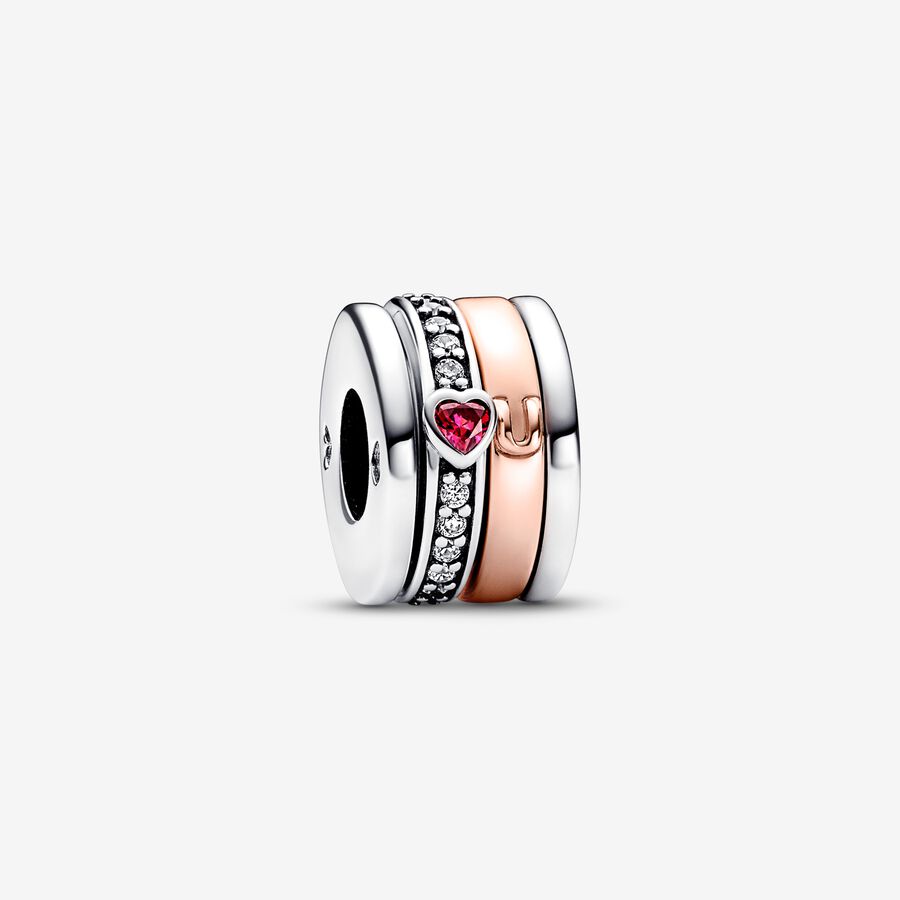 Turning I love you sterling silver and 14k rose gold-plated charm with red and clear cubic zirconia image number 0