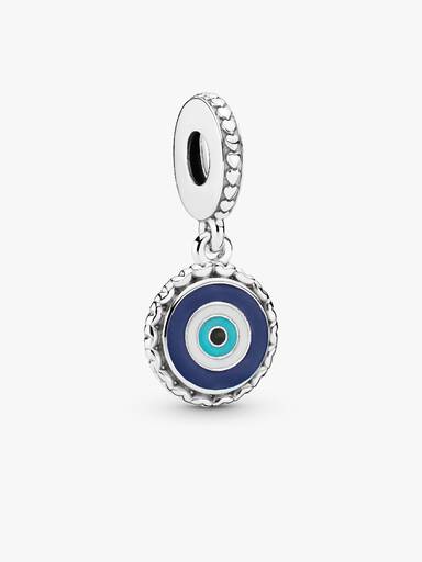 Evil eye silver dangle with white, blue, turquoise and black enamel