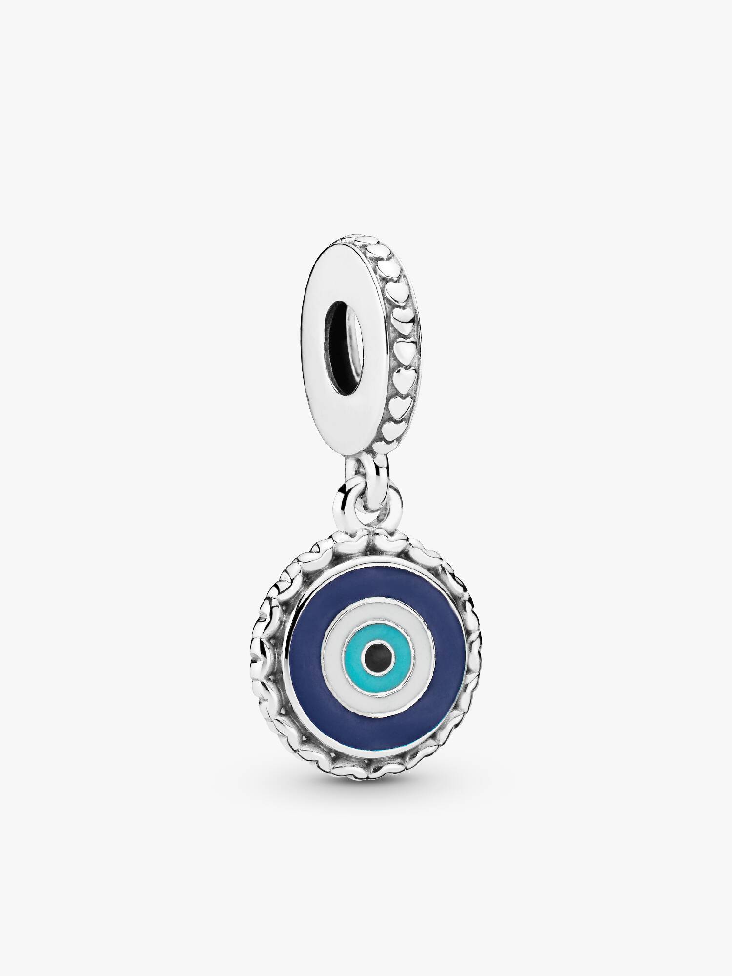 Evil eye silver dangle with white, blue, turquoise and black enamel